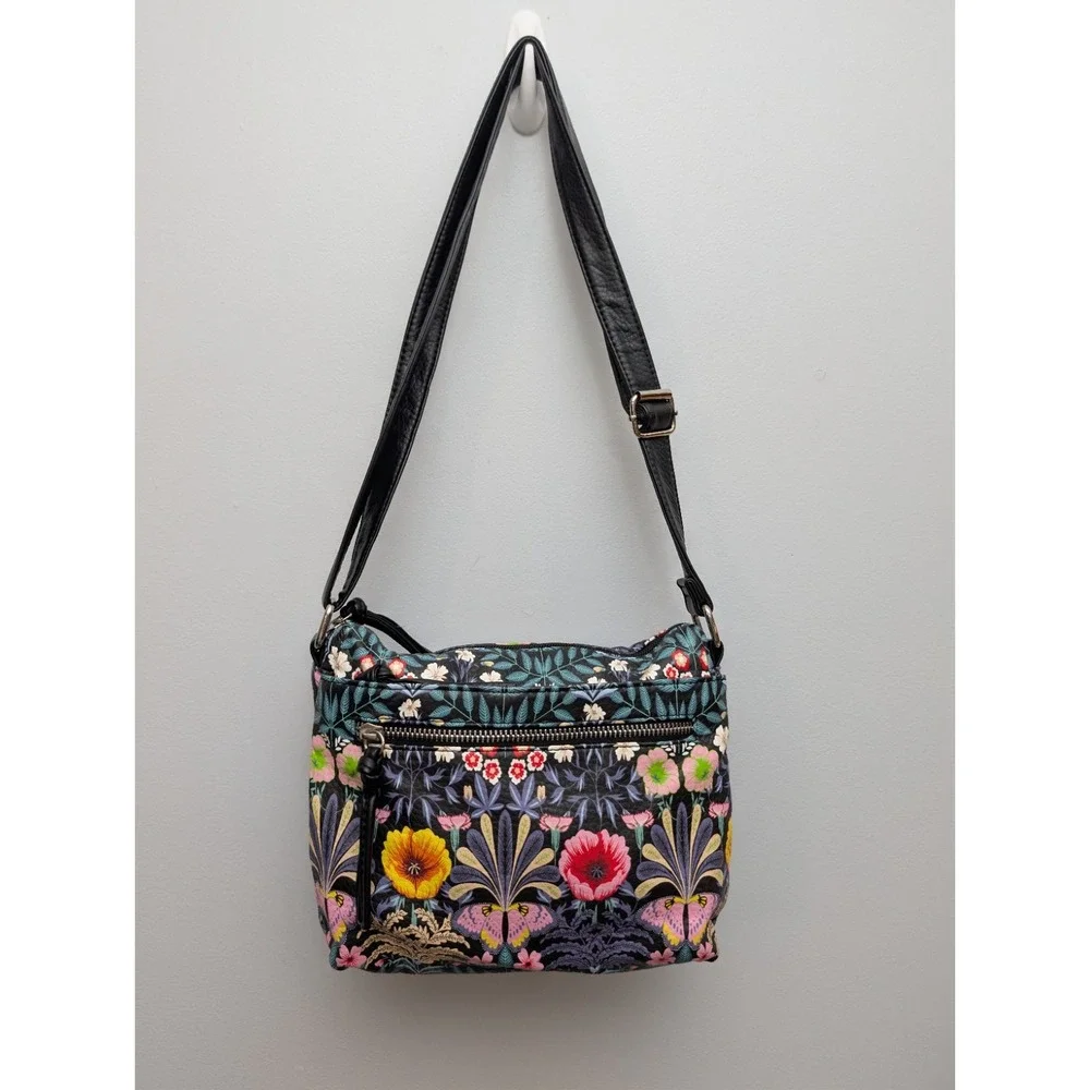 Bueno Of California Botanical Floral Butterfly Crossbody W/Multiple Zip Pockets